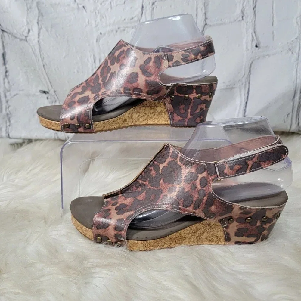 Jolimall Womens 9 Leopard Print Brown Wedge Summer Sandals Casual Comfy‎ Padded